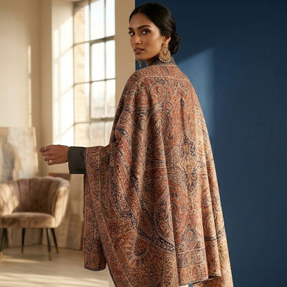A woman stands in a sunlit room wearing a draped shawl or poncho-style wrap with an intricate paisley pattern in rust, brown, and beige tones over cream pants.