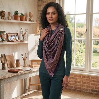 Kani Jamawar Shawl in Navy Blue on a female model