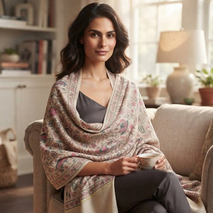 A woman sits in a beige armchair in a softly lit living room, wearing a draped shawl with a paisley pattern in beige, pink, and muted blue over a dark gray top and gray pants.