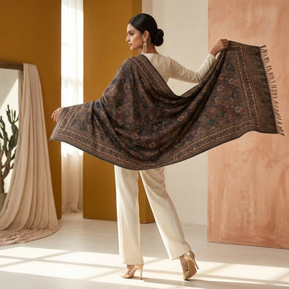 A woman models a large dark brown shawl with an intricate multicolor floral and geometric border pattern, holding it out to show its full drape and fringed edges in a warm, modern interior setting.