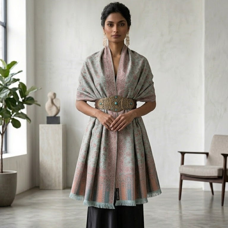 A woman stands in a bright, modern room wearing a draped shawl with a pink and gray floral pattern, a wide ornate gold belt, and a long black skirt.