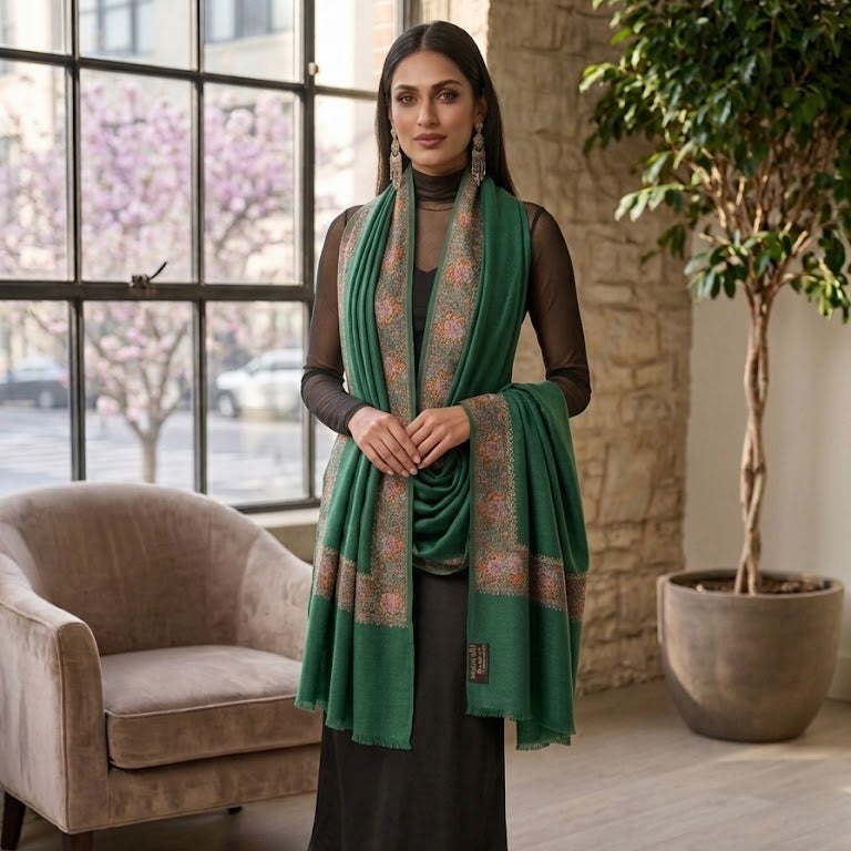 Green Sozni Shawl with Roses Embroidery in Borders