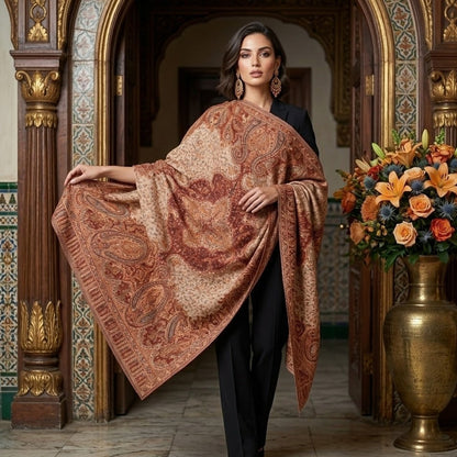 Woman holding a patterned shawl in an ornate interior setting with flowers and a vase.