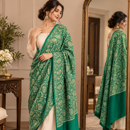 A woman models a rich green and gold patterned shawl or dupatta draped over a cream-colored outfit, standing in a decorated room with a large mirror showing her reflection.