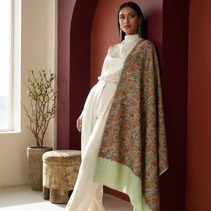 Sage Green Sozni Wool Shawl - Floral Jaal Embroidered Wrap for Occasion Wear