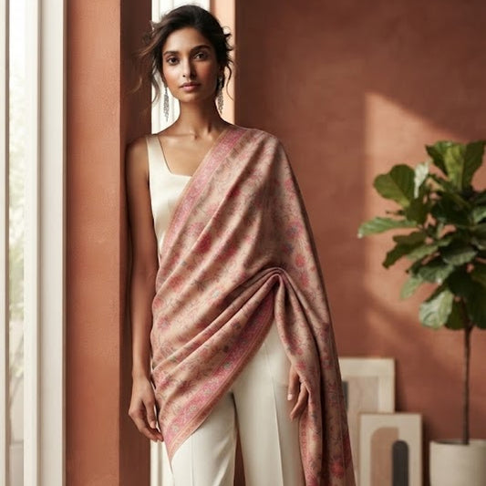 A woman stands indoors by a window wearing a light cream sleeveless top and wide-leg trousers, with a pink patterned shawl draped over her shoulders. The room has warm terracotta walls, a potted plant, and framed wall art.