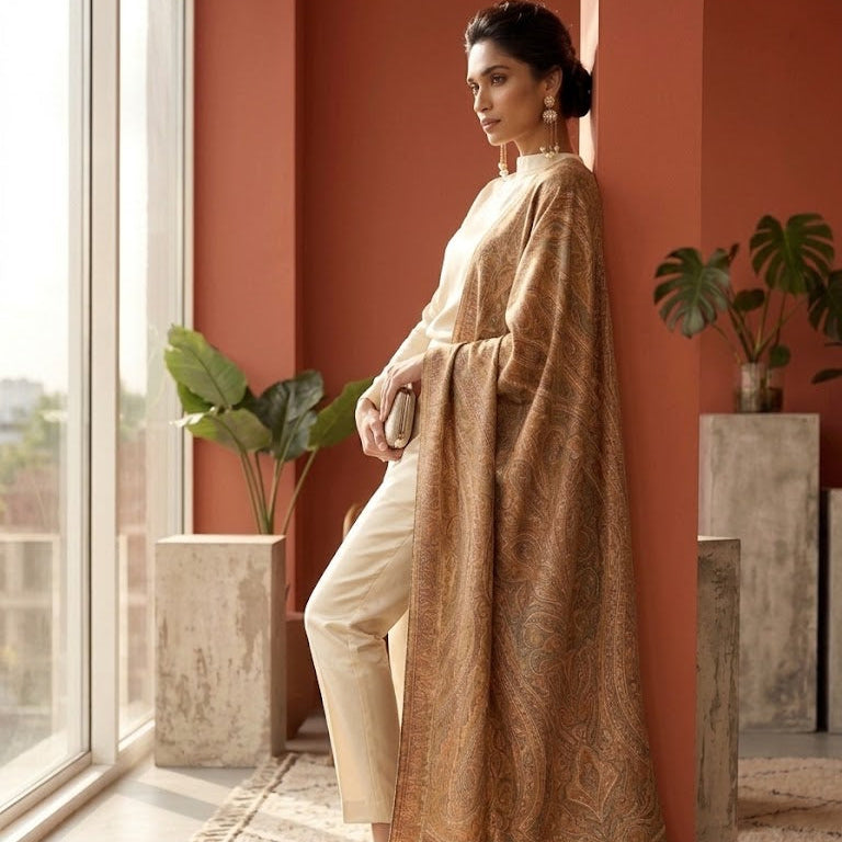 A woman stands indoors by a large window wearing a cream-colored outfit and a long, flowing tan shawl with an intricate paisley pattern. The setting features terracotta-colored walls, potted plants, and a neutral rug.