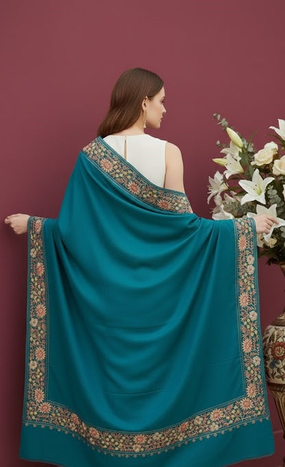 Women’s Wool Shawl - Pure Tilla Embroidery Border - Dark Blue