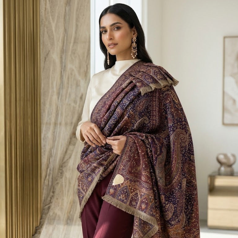 A woman models a luxurious patterned shawl in deep plum purple and gold, draped over her shoulders. The shawl features intricate paisley and floral motifs with fringed edges, styled over a white top and burgundy trousers in a modern indoor setting with warm lighting.