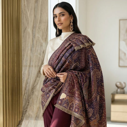 A woman models a luxurious patterned shawl in deep plum purple and gold, draped over her shoulders. The shawl features intricate paisley and floral motifs with fringed edges, styled over a white top and burgundy trousers in a modern indoor setting with warm lighting.
