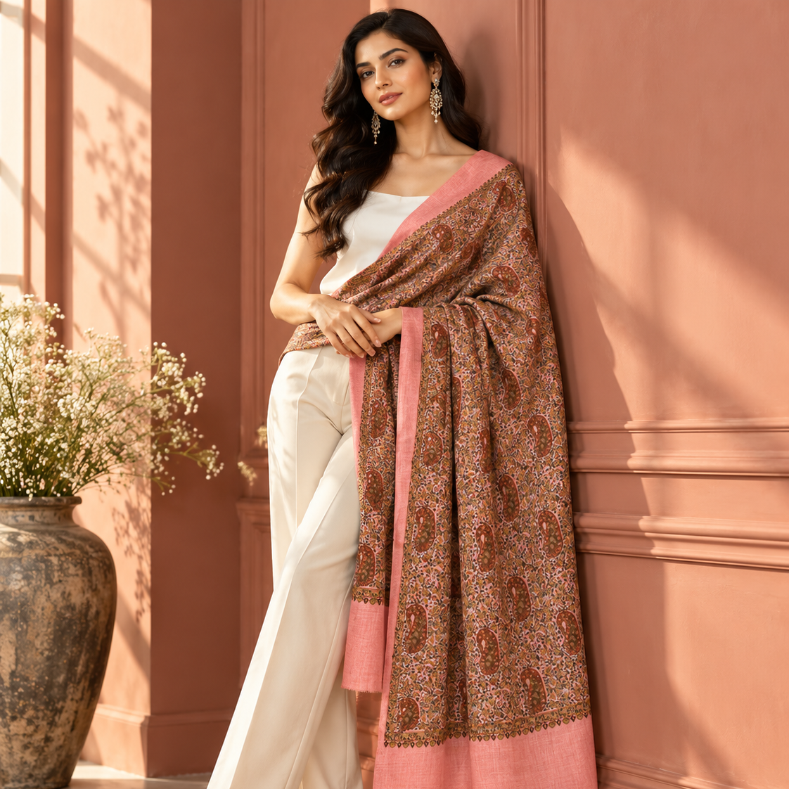 A woman models a brown and pink patterned shawl draped over her shoulders, paired with a white sleeveless top and white wide-leg trousers, standing against a terracotta-colored wall.