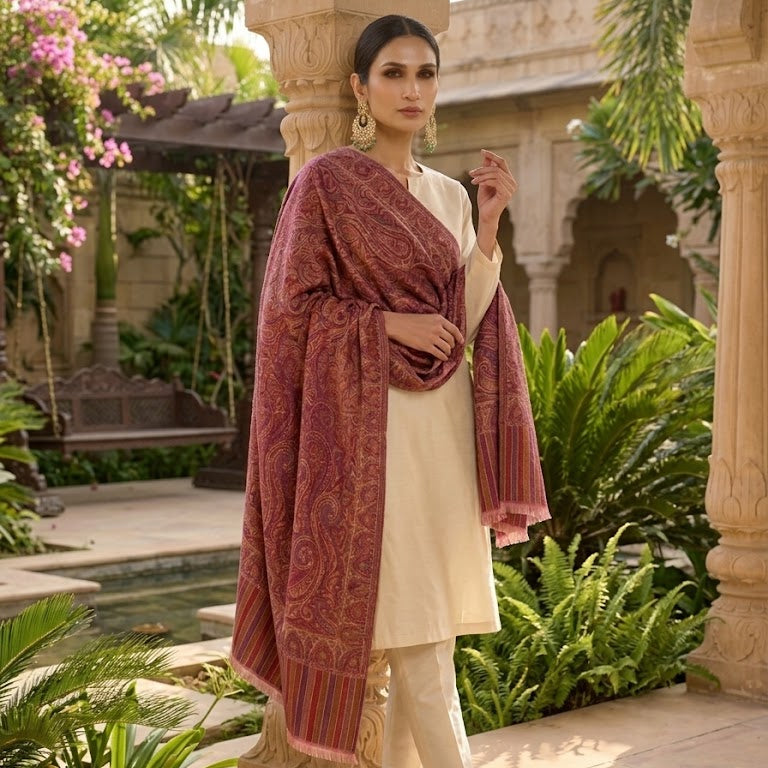 A woman models a traditional Indian outfit consisting of a cream kurta, matching trousers, and a rust-red patterned dupatta, set against an outdoor courtyard with stone pillars and lush green plants.