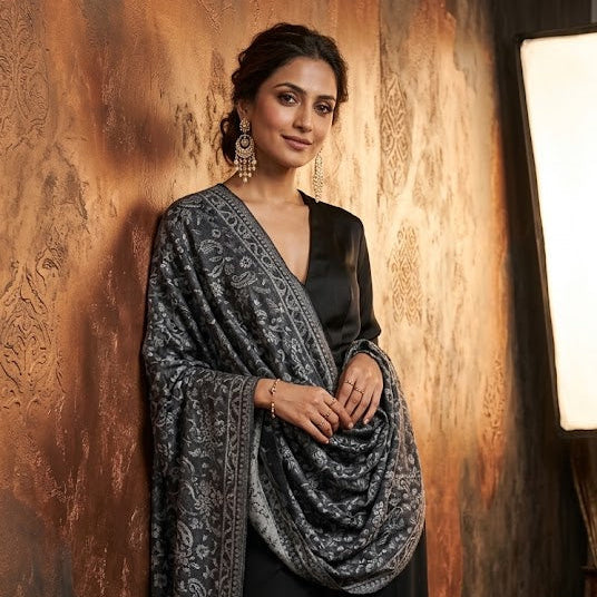 A woman models a black and gray patterned shawl draped over her shoulders, paired with a black satin top and black wide-leg trousers, standing against a rustic textured brown wall.