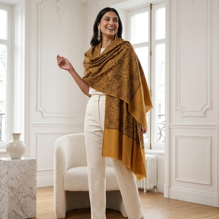 A woman models a luxurious mustard yellow and brown patterned shawl draped over her shoulders, paired with cream trousers and beige heels in a bright, elegant room with white paneled walls and wooden floors.