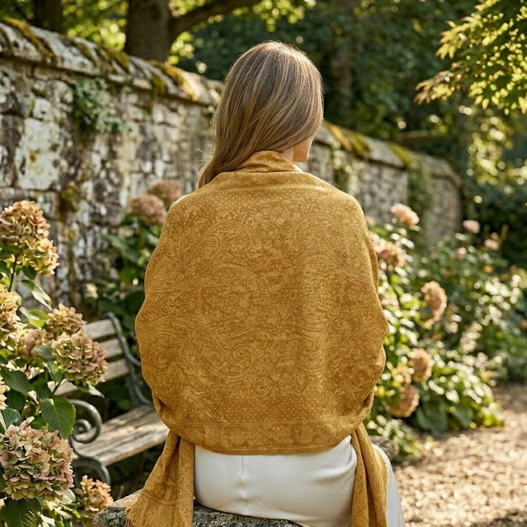 Person wearing a mustard yellow shawl in a garden setting