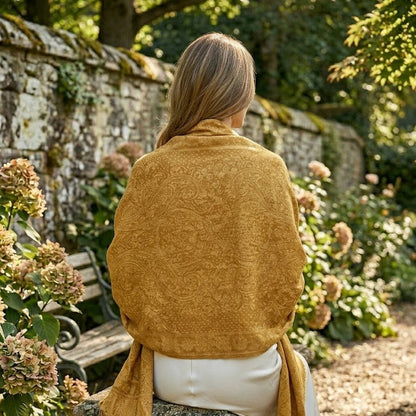 Person wearing a mustard yellow shawl in a garden setting