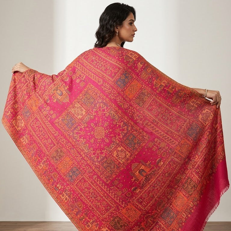 Pure Wool Kani Shawl in Magenta Pink  