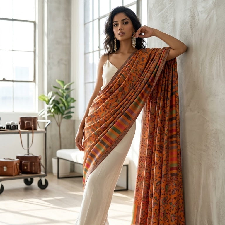 A woman models a vibrant orange and red patterned dupatta draped over a white sleeveless dress in a bright, modern loft studio with large windows.