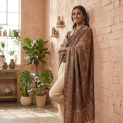 A woman stands against a pink brick wall in a sunlit room, draped in a brown patterned shawl over cream pants. The room has wooden floors, potted plants, and a window on the left.