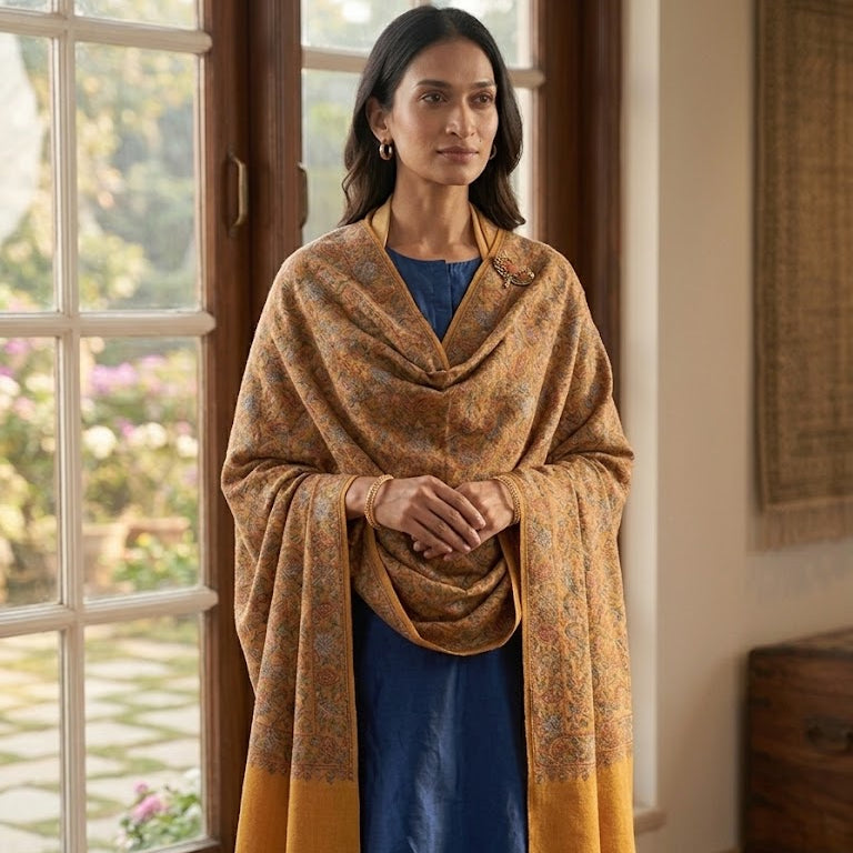 Mustard Yellow Sozni Jaal Embroidery Shawl