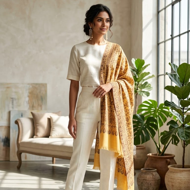 A woman stands in a bright, modern room wearing a cream short-sleeve top and matching trousers, with a yellow and gold patterned shawl draped over her shoulders.