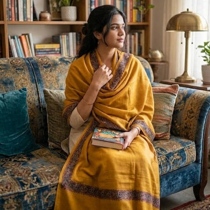 A woman sits on a patterned blue sofa in a cozy, book-filled room, wearing a mustard yellow shawl with purple borders over a cream dress and holding a book.