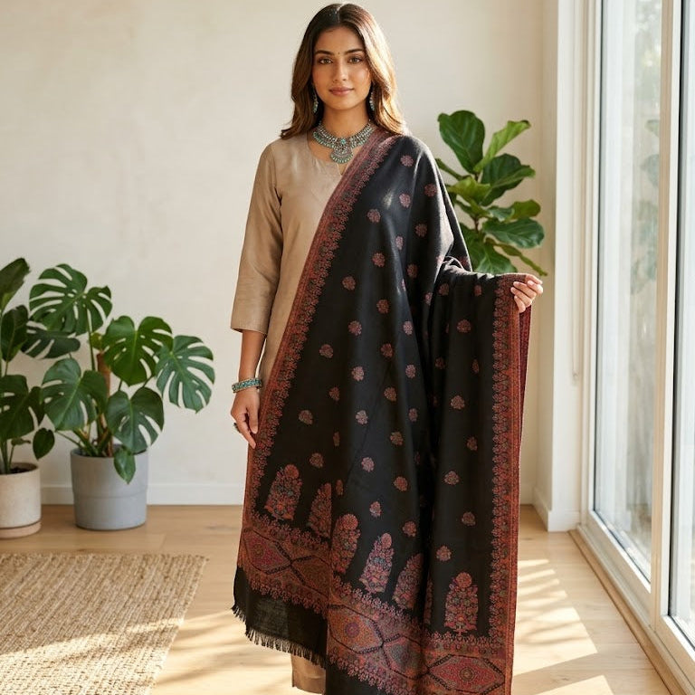 A woman models a black shawl with red and gold traditional patterns, draped over a beige kurta in a bright, modern room with potted plants and large windows.
