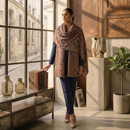 A woman stands in a sunlit room beside a large arched window, wearing a patterned shawl draped over a navy outfit. The room has wooden walls, a console table with books and vases, and a potted plant.