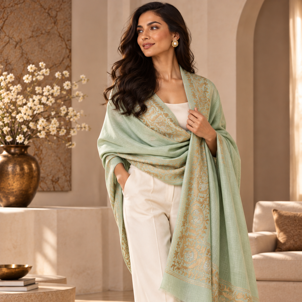 A woman stands in a softly lit living room wearing a pale mint green shawl with gold floral embroidery draped over her shoulders, paired with white wide-leg pants and metallic heels.