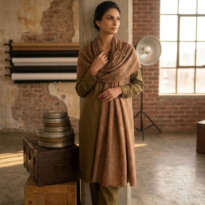 A woman models a traditional olive green kurta set with a draped brown shawl in a rustic studio setting with brick walls and vintage props.