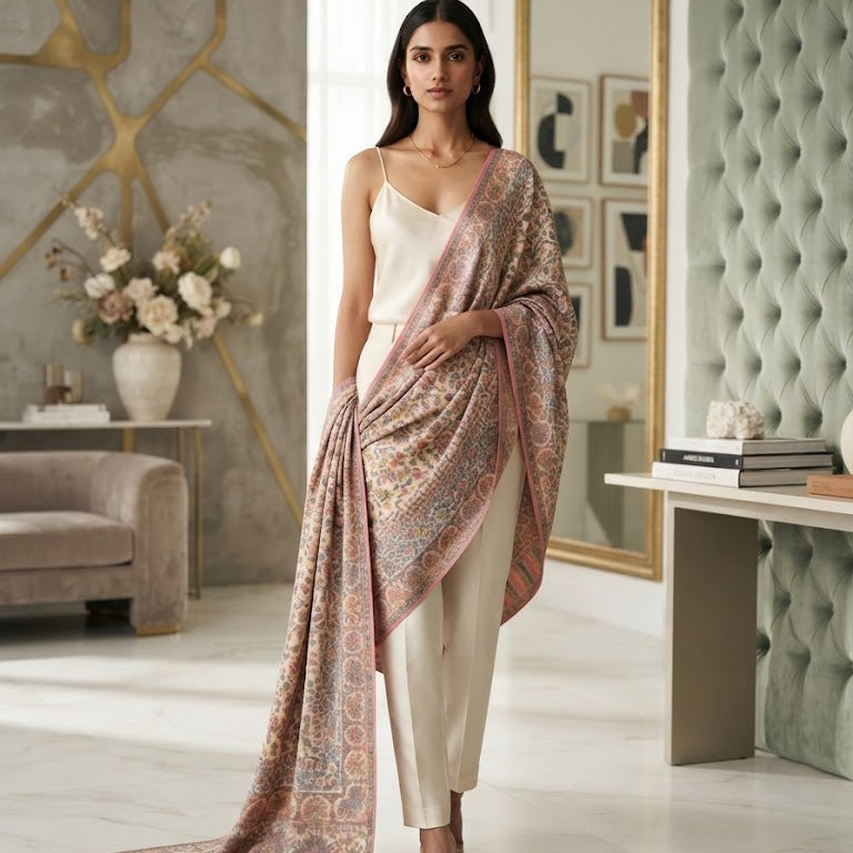 Cream and Powder Blue Kani Shawl
