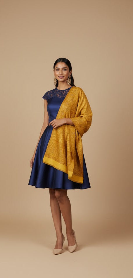 Woman wearing a blue dress with a yellow shawl on a beige background