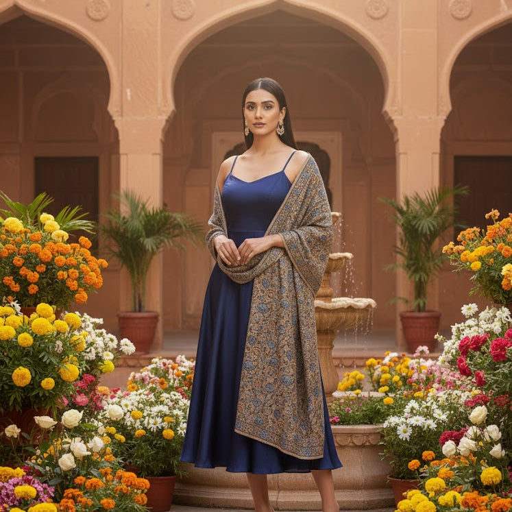Woman in a blue dress with a patterned shawl standing in a garden with colorful flowers and a fountain.