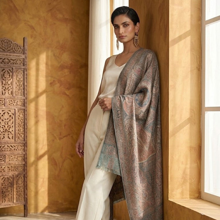 A woman models a traditional outfit featuring a cream-colored kurta and wide-leg trousers, draped with a large, ornate patterned shawl in muted brown, beige, and teal tones, set against a warm, textured yellow wall.