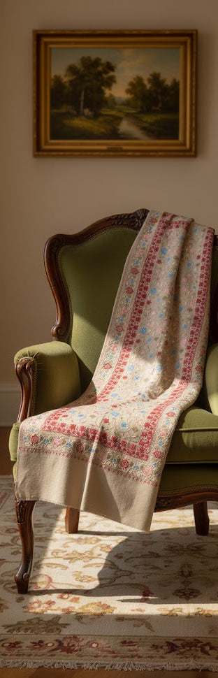 Decorative chair with a floral shawl draped over it, against a wall with a framed landscape painting.