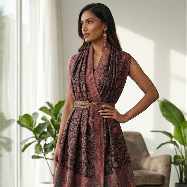 A woman models a sleeveless, wrap-style printed tunic with a waist tie, paired with black wide-leg pants and black heeled sandals in a bright, modern room with plants and a chair.