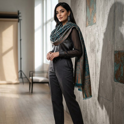 A woman models a dark gray three-piece suit with a sheer long-sleeve top, matching dark trousers, and a patterned teal and brown shawl, standing in a modern studio with a concrete wall and wooden floor.