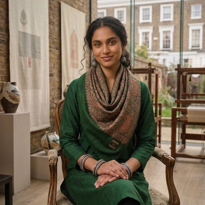 A woman wearing a dark green kurta and a brown patterned scarf sits in an armchair inside a glass-walled room with brick walls and hanging textiles.