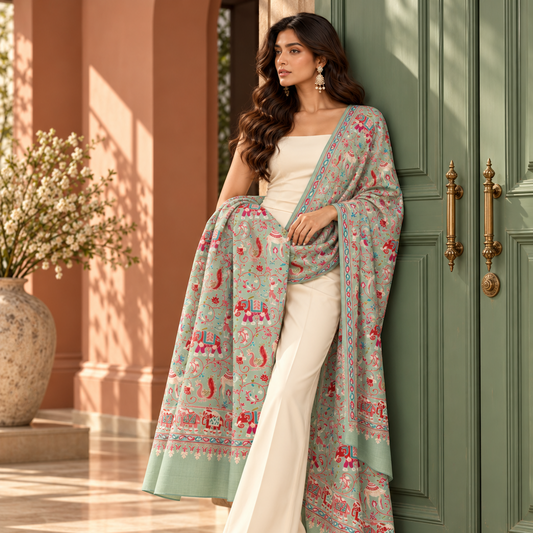 A woman models a traditional Indian outfit featuring a sage green dupatta with pink and red floral patterns, worn over a white sleeveless top and white wide-leg trousers, standing in front of a green wooden door.