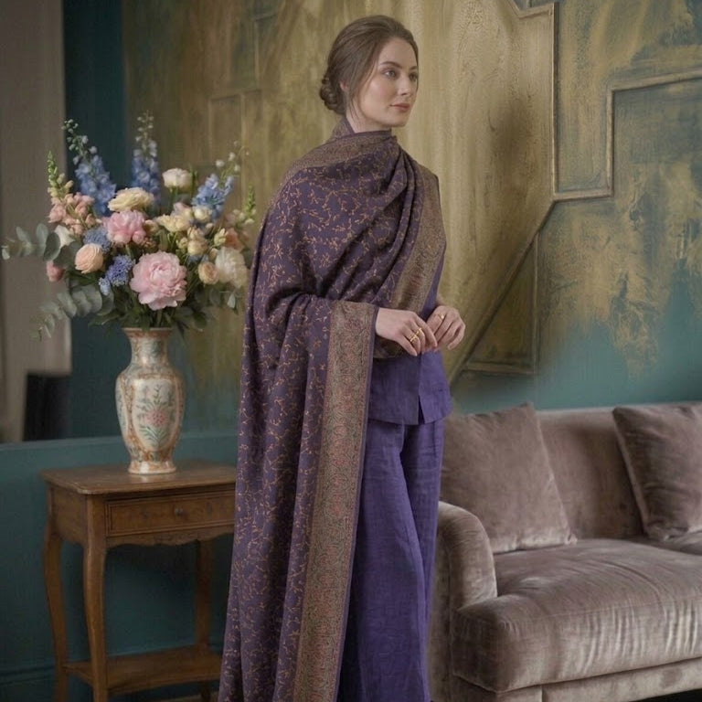 A woman models a luxurious purple and brown patterned shawl draped over her shoulders, paired with matching purple trousers, in an elegant room with a teal wall, wooden side table, and a floral arrangement.