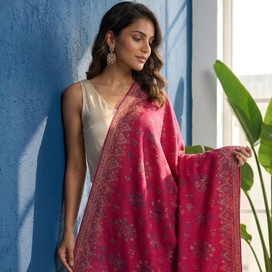 A woman models a vibrant pink dupatta with intricate gold floral patterns and a matching border, draped over her shoulders. She is standing in a bright room with a textured blue wall and a potted plant in the background.