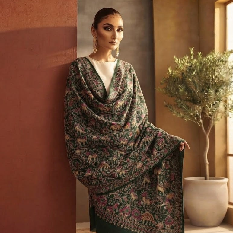 A woman models a dark green shawl with intricate multicolor floral and animal patterns, draped over a white outfit in a warm-toned indoor setting.