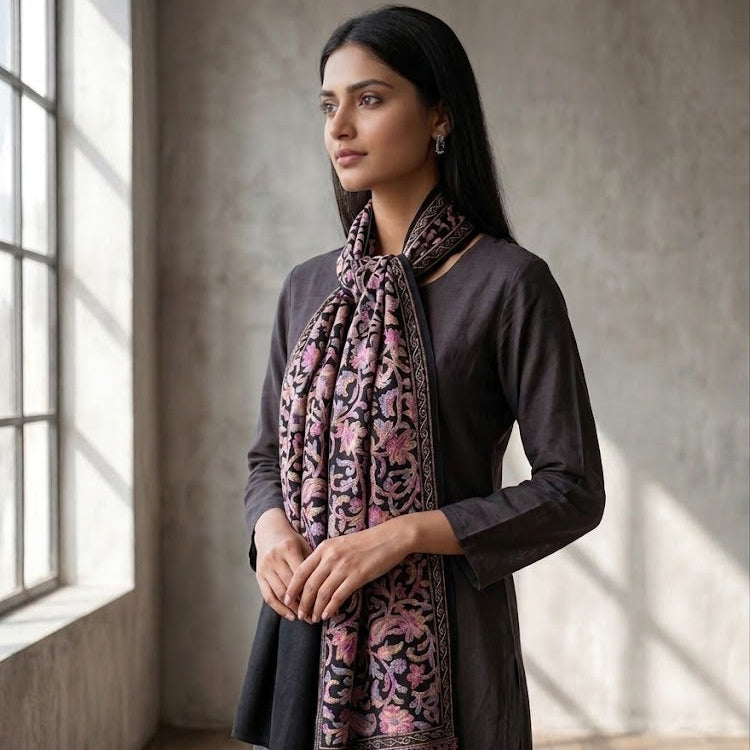 A woman wearing a dark charcoal gray tunic and matching skirt, styled with a pink and black patterned scarf, standing in a sunlit room with a concrete wall and wooden floor.