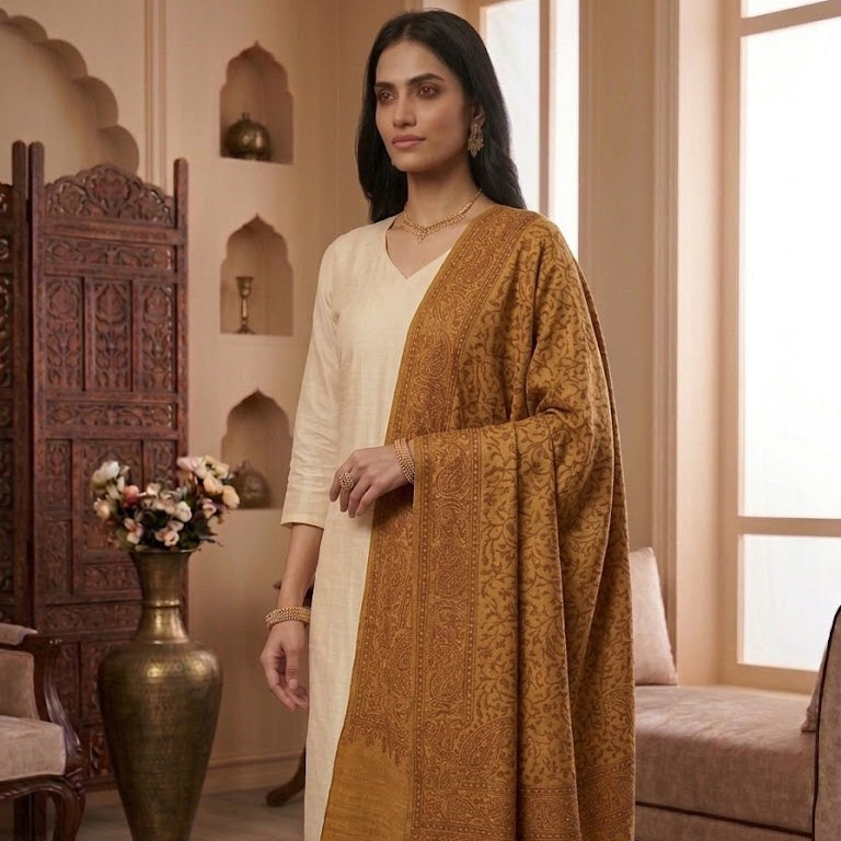 A woman models a traditional South Asian outfit featuring a cream kurta and a wide, textured mustard-gold shawl draped over her shoulder, set against a warm, decorated interior room.