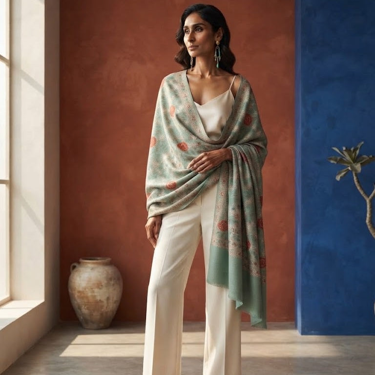 A woman stands in a styled indoor setting with warm terracotta and blue walls, wearing a light sage green shawl with a red floral pattern over a white top and white wide-leg pants.