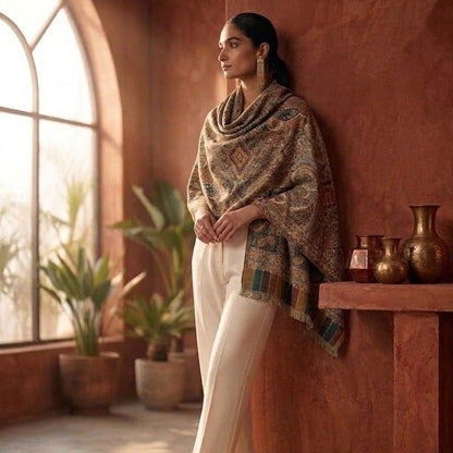 A woman stands in a warm, rustic room with terracotta walls and a large arched window, wearing a patterned shawl draped over her shoulders, cream-colored wide-leg trousers, and brown high heels.