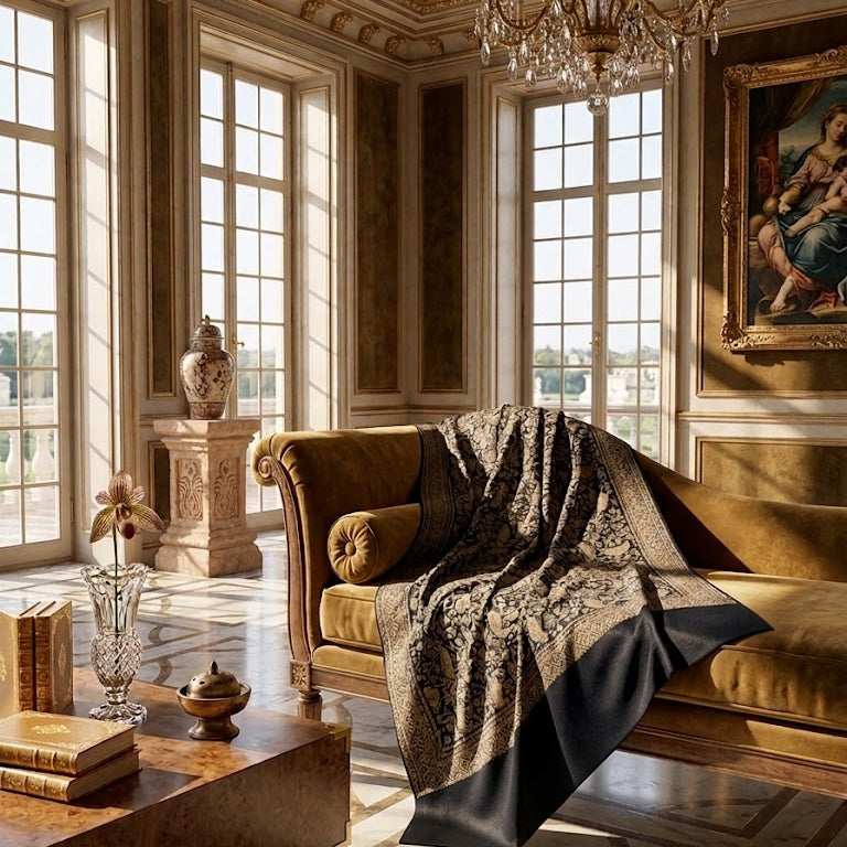 An elegant interior scene with a gold velvet chaise lounge draped with a black damask-patterned throw blanket, set in a classical room with tall windows, a chandelier, and a wooden coffee table.