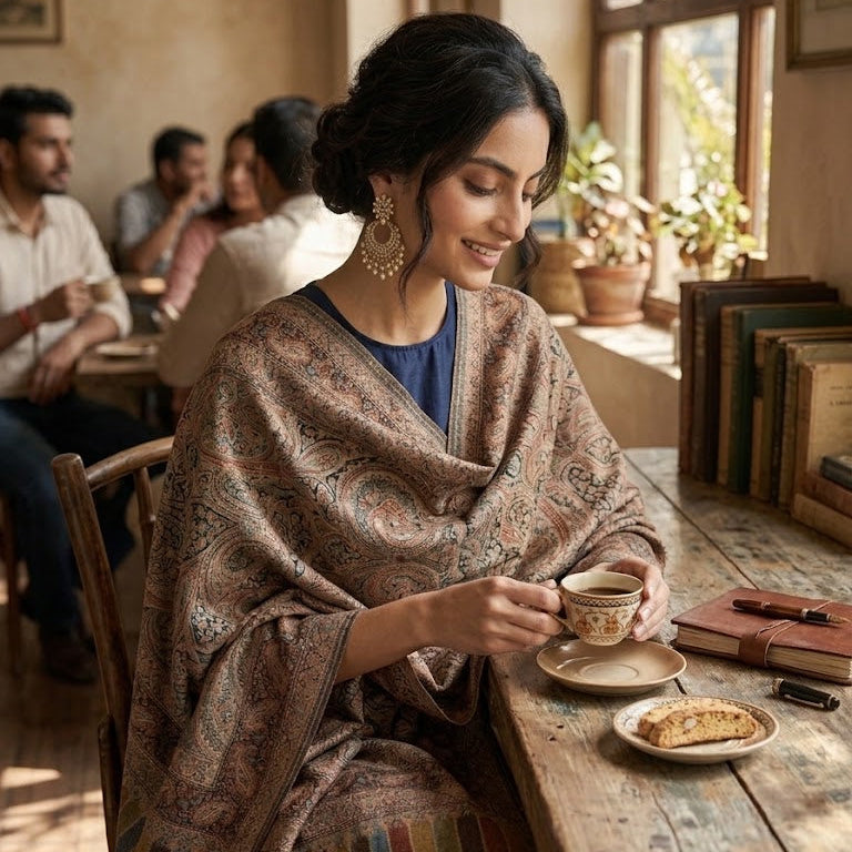 A woman in a cozy cafe setting wearing a brown paisley shawl over a blue top, holding a teacup and saucer. The background shows other cafe patrons, a rustic wooden table with books, and warm sunlight streaming through the windows.