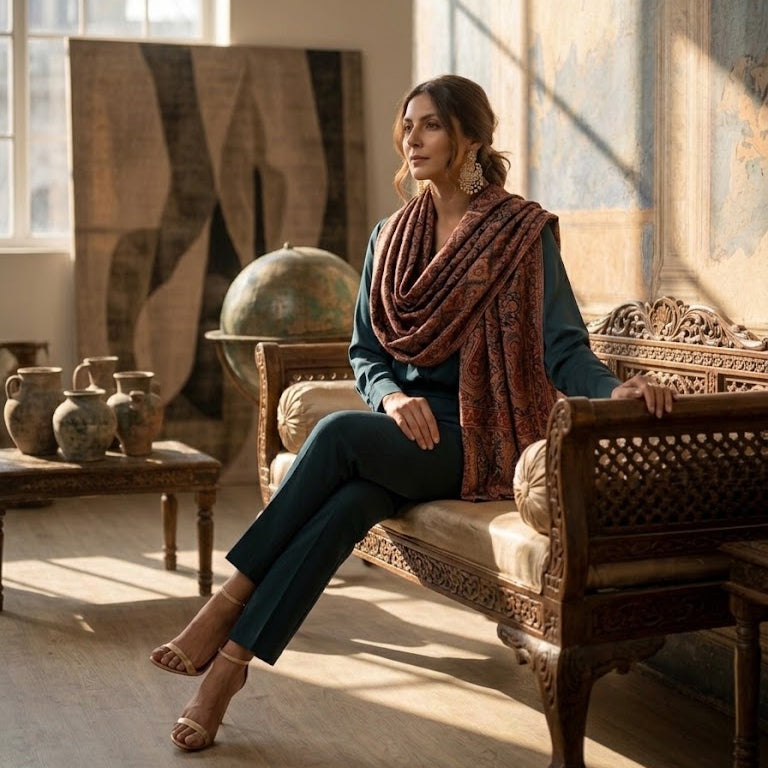 A woman sits on an ornate wooden sofa in a sunlit room, wearing a dark teal outfit with a rust-red patterned shawl draped around her shoulders. The room features warm lighting from a large window, vintage-style pottery on a side table, and a large framed artwork on the wall.