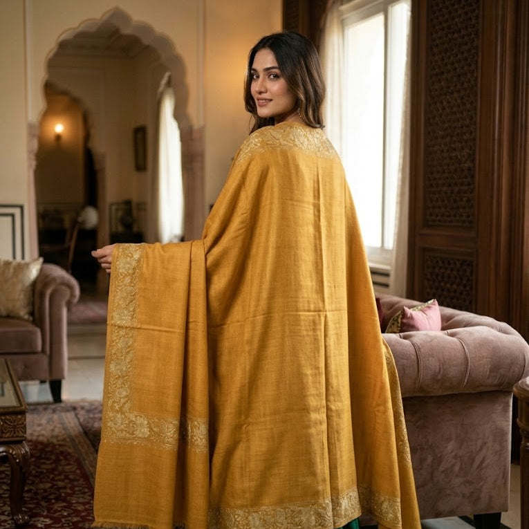 A woman wearing a mustard yellow embroidered shawl over a dark green skirt, standing in a traditional Indian room with arches and sofas.